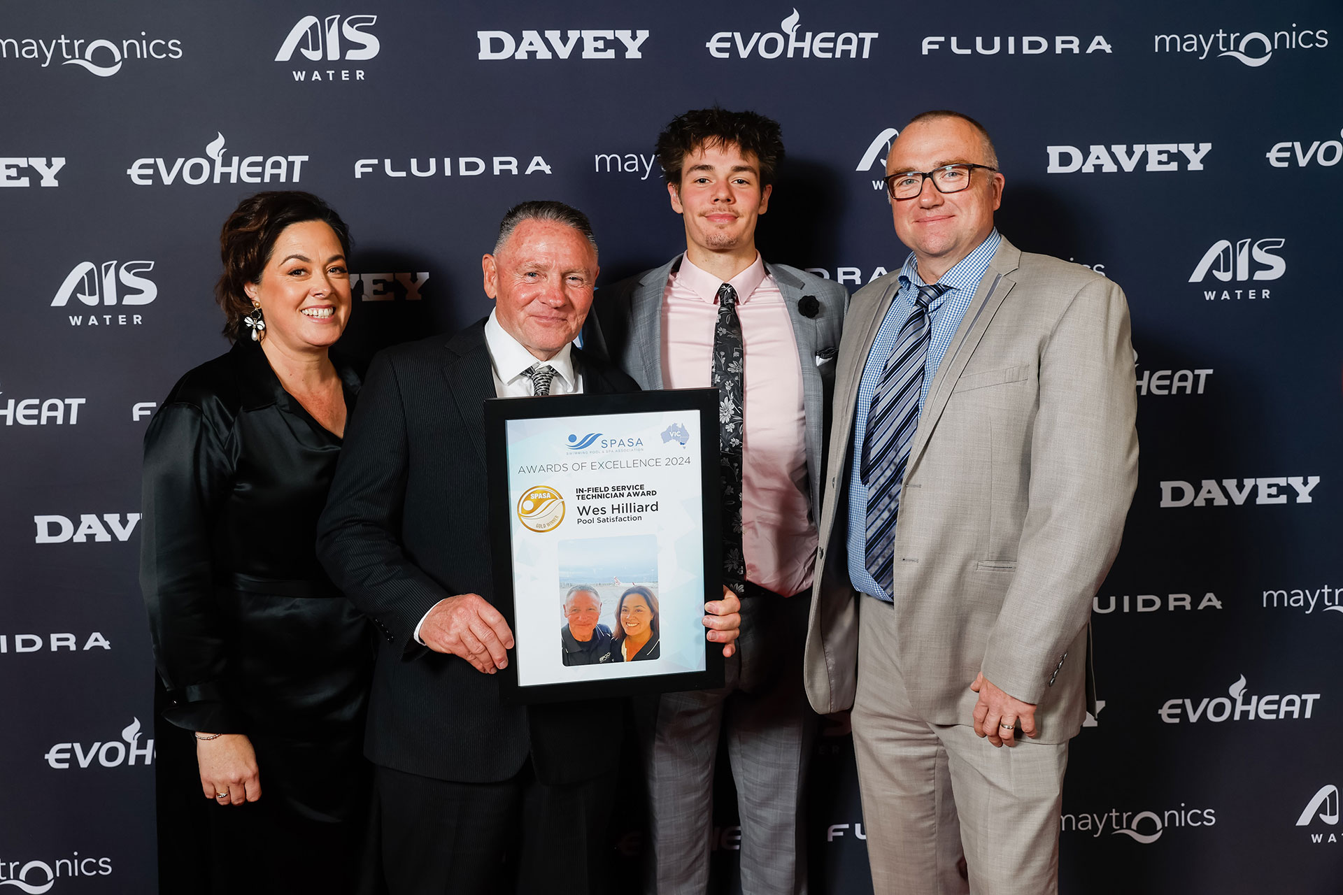 Wes Hilliard from Pool Satisfaction proudly holding his SPASA Awards for excellence in mobile pool service in Melbourne, celebrating his 2024 Best Mobile Service Business win.